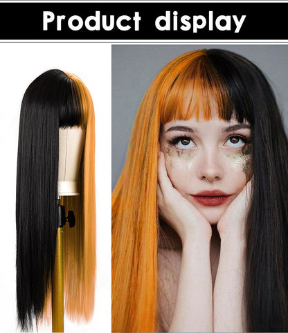 Green And Black Lolita Cosplay Wig Straight Wigs With Bangs Synthetic Heat Resistant Two Tone Wigs Black & Pink Split Color Wig