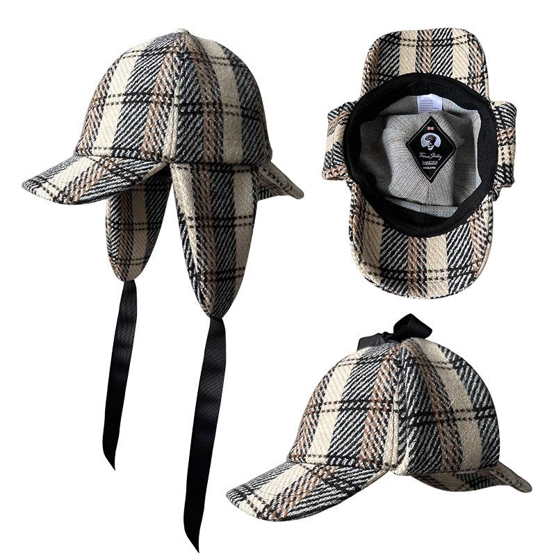 Unisex British-Style Sherlock Holmes Deerstalker Hat for Fall Winter Wool Blend Plaid Double Brim Ear-Warming, Trendy Detective
