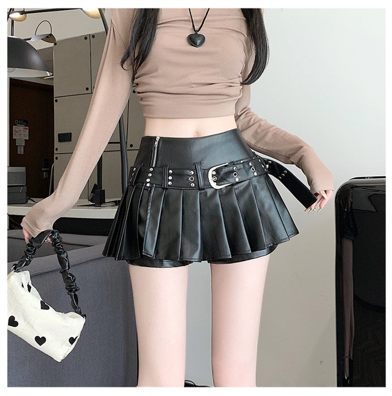 Women's Black Gothic A-line Pleated Leather Skirt Y2k Mini Shorts Skirts Harajuku Korean Emo Skirt 2000s Vintage Clothes Summer