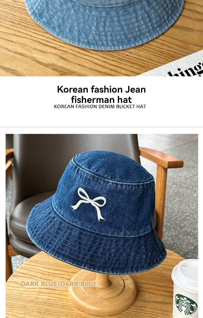 A Fisherman's Hat Three-Dimensional Embroidery Bow Travel Shopping Washed Denim Basin Hat