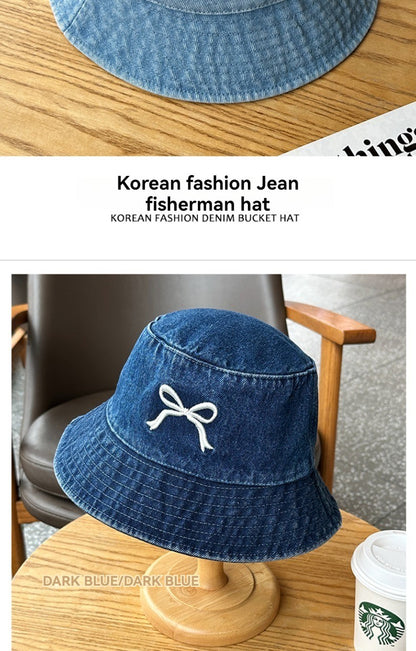 A Fisherman's Hat Three-Dimensional Embroidery Bow Travel Shopping Washed Denim Basin Hat