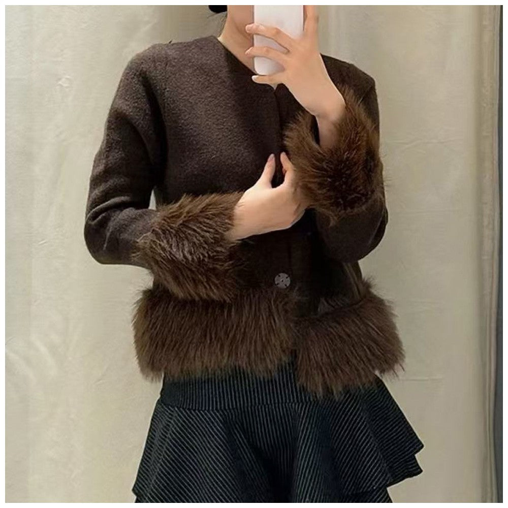 Ladies Coat With Plush Hem Faux Fur Single Breasted Patchwork Knitted Coat Autumn And Winter Daily Fashion Versatile Coat