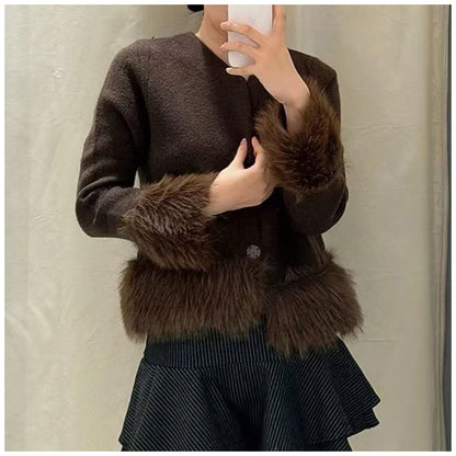 Ladies Coat With Plush Hem Faux Fur Single Breasted Patchwork Knitted Coat Autumn And Winter Daily Fashion Versatile Coat