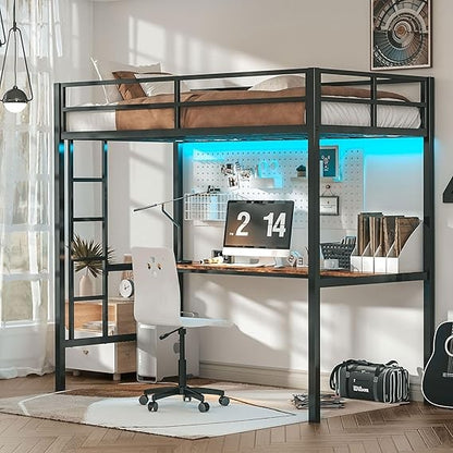 Cama Beliche Loft de Metal Tamanho Solteiro com Escrivaninha, Tomada, Luzes LED, Economia de Espaço, Sem Ruído, Preto
