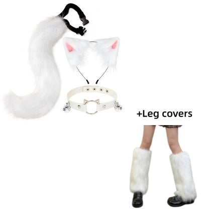 Costume Set Fox Tail Ears Gloves Artificial Fur Boot Covers Cosplay Halloween Prop Adult Women Men Unisex