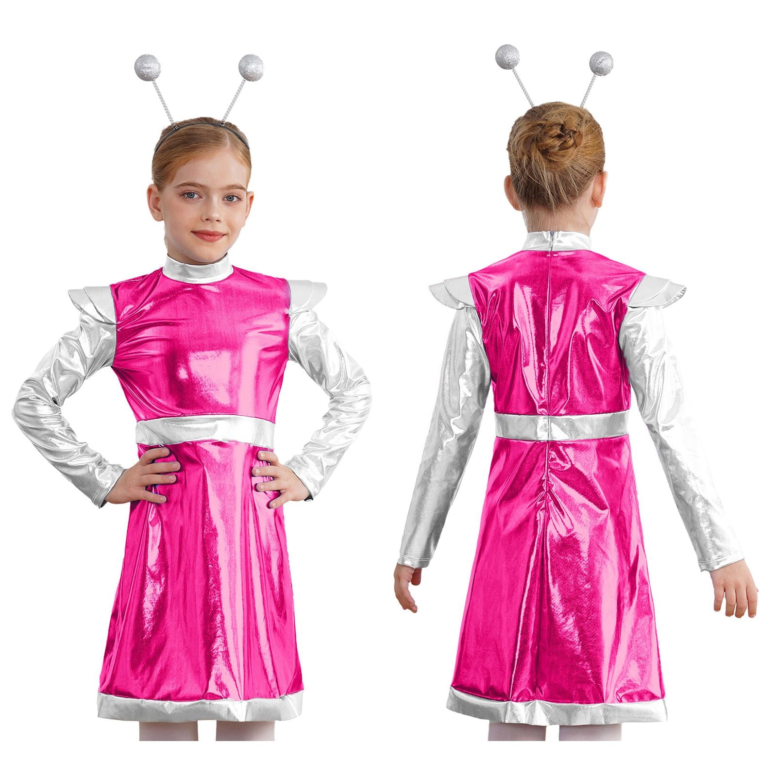 Kids Alien Cosplay Costume Outfits Boys Girls Metallic Shiny Alien Jumpsuit Halloween Full Length Bodysuit with Hair Hoop Suit