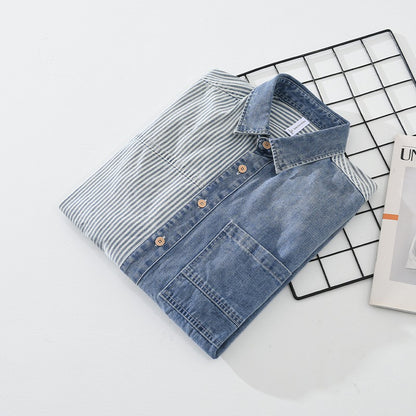New Men's Denim Shirts Spring Streetwear Long Sleeve Jean Tops Slim Stripe Patchwork Design Cowboy Shirt Youth Fashion Overshirt