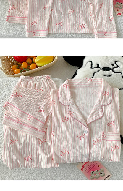 Spring and Autumn Sweet Bow Korean Style Ins Wrinkled Fabric Long Sleeve Cardigan Nightgown Women's High-Quality Homewear Set