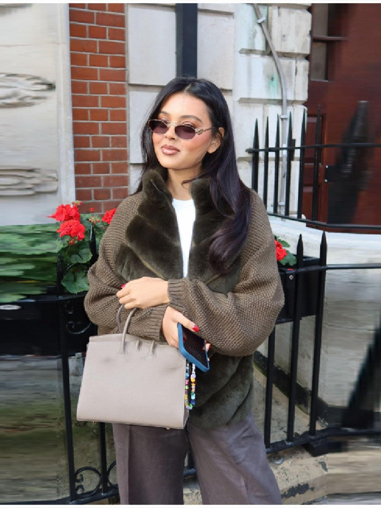 Vintage Faux Fur patchwork Jacket For Women Fashion Design Sense Long Sleeves Casual Coat 2025 Autumn Winter Female Streetwear