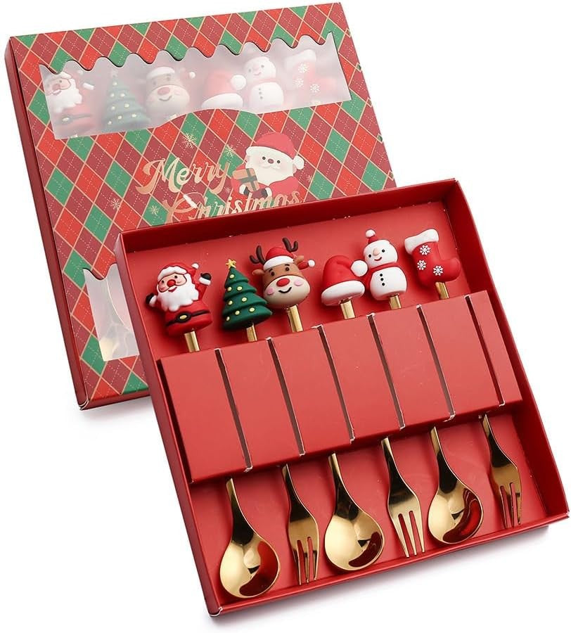Conjunto 6 Peças de Garfos e Colheres Papai Noel Árvore de Natal Aço Inoxidável Colher de Café Sobremesa Utensílios de Mesa para Festa de Natal Presente Requintado