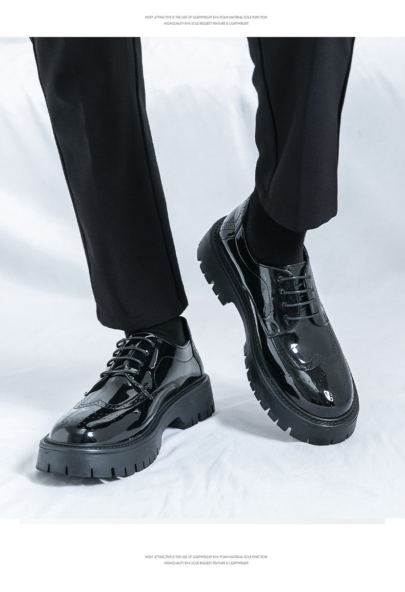 Leather shoes men's thick soles increase British style Brock business dress black senior sense wedding groom shoes 46 yards