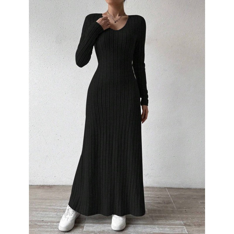2025 Fashionable Knitted Long Sleeve A- Line Streetwear Dress For Women Smooths And Slims Your Silhouette Solid Color Long Dress