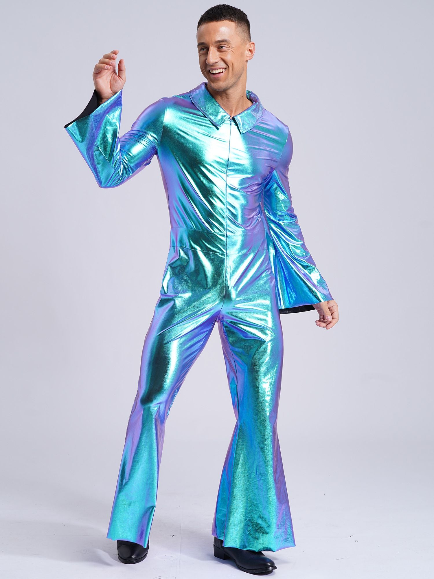 Men Bell Bottom Pants Jumpsuit Rompers Vintage 80s Disco Hippie Costume for Rock Jazz Dancewear Musical Theme Party Dress-up