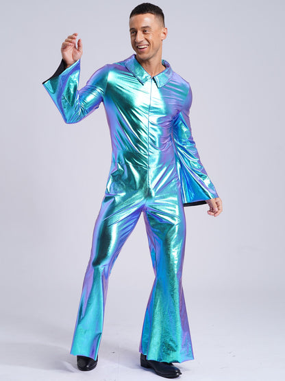 Men Bell Bottom Pants Jumpsuit Rompers Vintage 80s Disco Hippie Costume for Rock Jazz Dancewear Musical Theme Party Dress-up