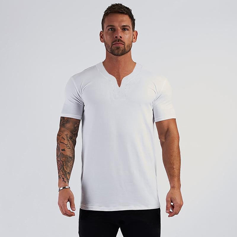 Elastic Slim Fit Summer Cool Quick Dry T-Shirts Mens Running Short Sleeve V-neck Shirts Gym Bodybuilding Fitness Muscle Clothing