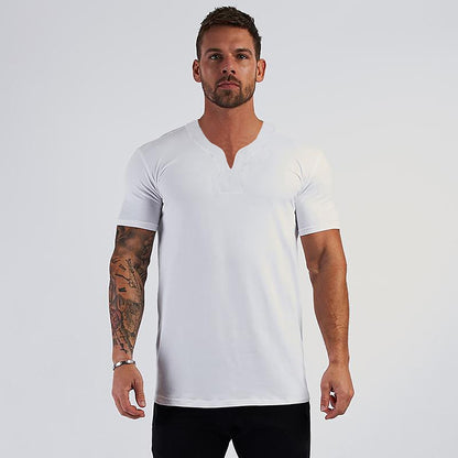 Elastic Slim Fit Summer Cool Quick Dry T-Shirts Mens Running Short Sleeve V-neck Shirts Gym Bodybuilding Fitness Muscle Clothing