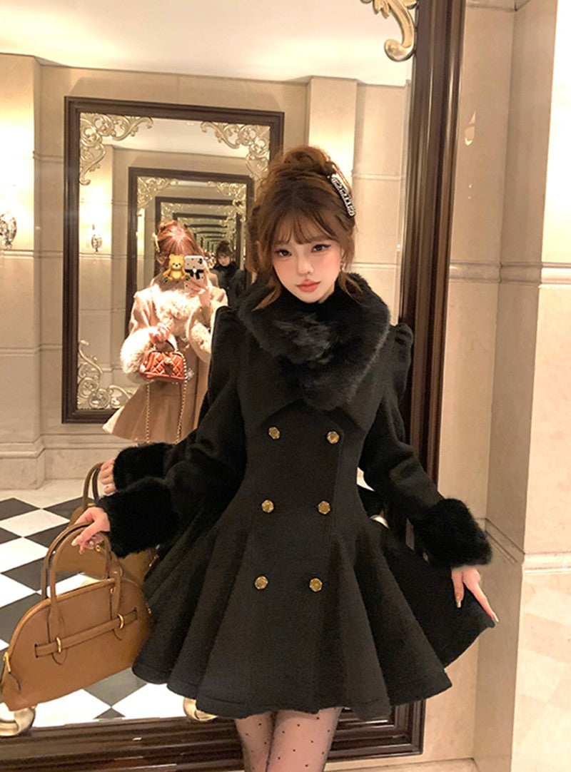 Vintage Black Wool Blends Coats Women Elegant Faux Collar Woolen Jacket Korean Long Sleeve Outerwears Winter Design Overcoat New