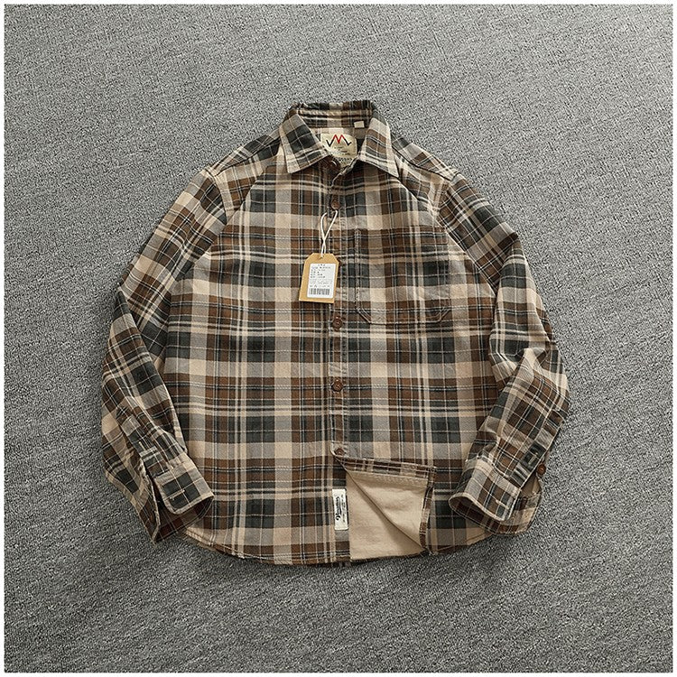 2024 Spring and Autumn New American Retro Woven Plaid Cargo Shirt Men's Simple 100% Cotton Washed Single Pocket Thin Jacket