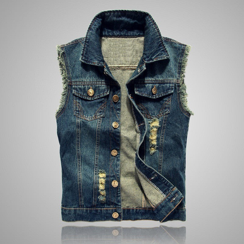Cowboy vest men's spring and autumn new slim fit denim vest jacket men's casual sleeveless vest denim top with two chest pockets