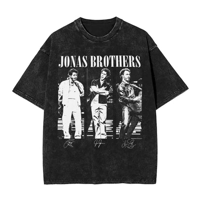 Summer Men's Retro Women's Casual Crew Neck Fashion Loose Clothing Jonas Brothers Washed Short Sleeve 100% Cotton T-Shirt