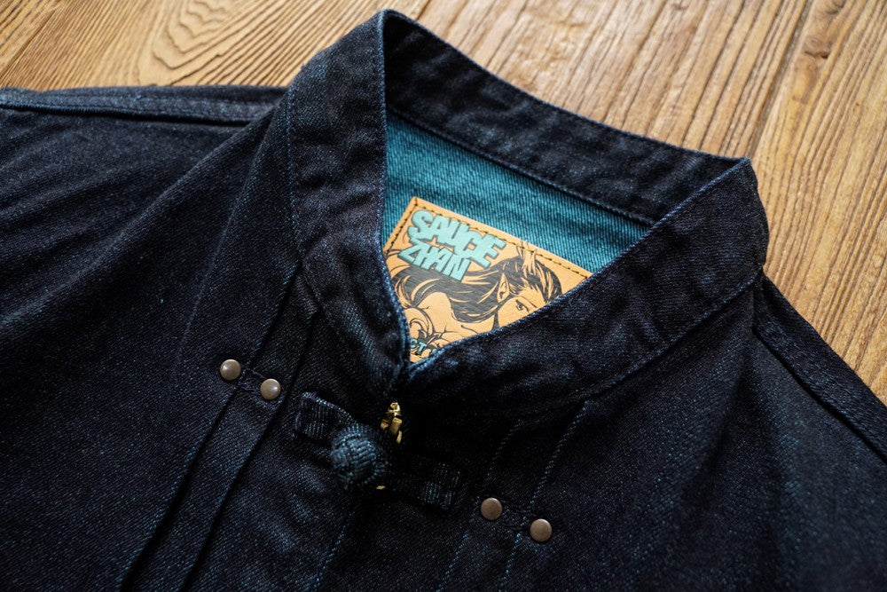 Sauce Zhan Mens Jacket Indigo Selvedge Denim Jacket Jean Jacket Men Vintage Chinese Style Knot Button Loose Fit