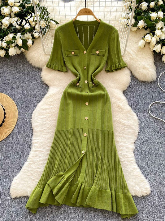 SINGREINY Summer OL Knit Dress 2025 Women V Neck Button Design Slim Mermaid Sund
