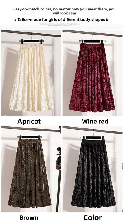 Plus Size Plus Size Women's Velvet Pleated A- Line Midi Skirt Autumn Winter Slimming Half-length Versatile Fashionable Commut...