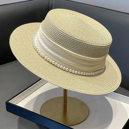 2025 Summer Elegant Pearl Chain Flat Sun Hats for Women Chapeau Feminino Straw Hat Panama Wide Brim Anti-UV Beach Cap Girl Topee