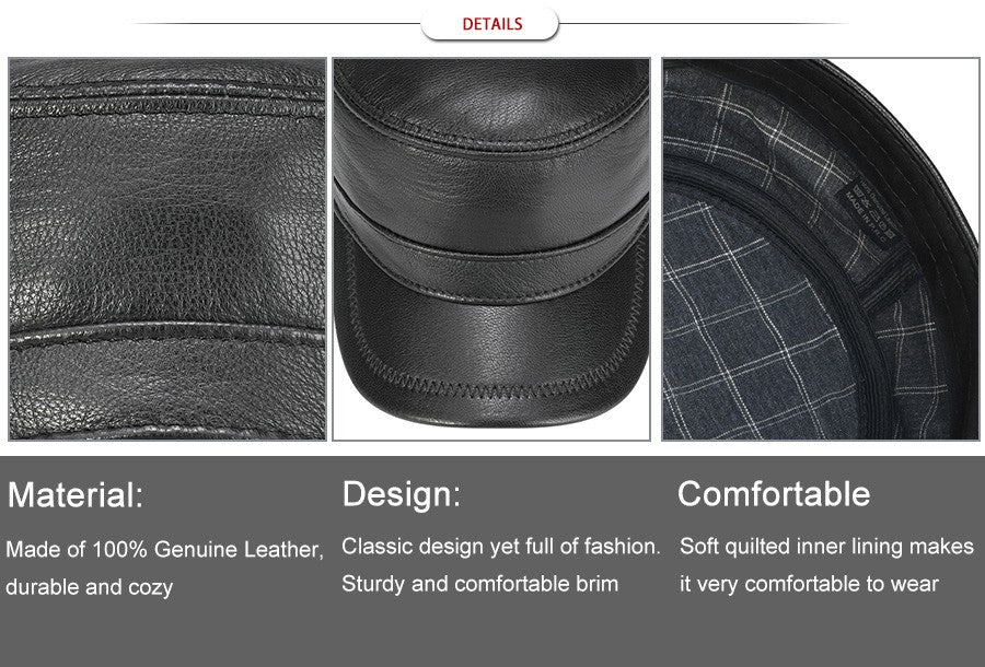 VOBOOM Winter Leather Cadet Army Cap Cabbies Adjustable Soft Flat Top Military Style Hat for Men