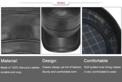 VOBOOM Winter Leather Cadet Army Cap Cabbies Adjustable Soft Flat Top Military Style Hat for Men