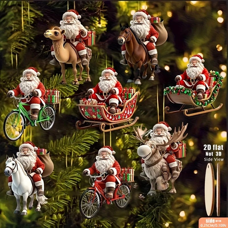 8pcs Different Riding Tools 2D Flat Santa Claus Wooden Ornament Set - Perfect for Holiday Home Decorations and Christmas Trees