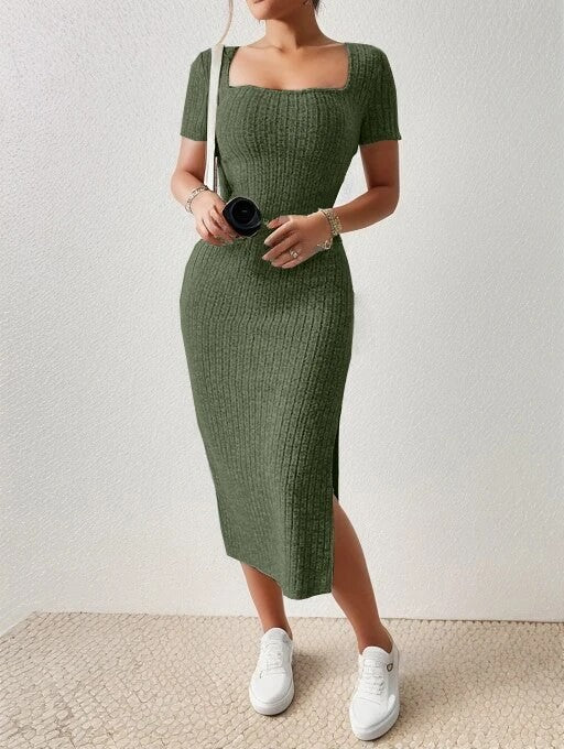 Summer Square Neck, Hip-Hugging Mid-Length Skirt, Short-Sleeved, Versatile Knitt