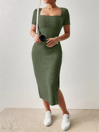 Summer Square Neck, Hip-Hugging Mid-Length Skirt, Short-Sleeved, Versatile Knitt