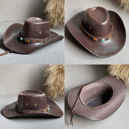 New Faux Leather Western Cowboy Hats For Women Men Vintage Gentleman Dress Hats Panama Cowgirl Jazz Cap Sombrero Hombre