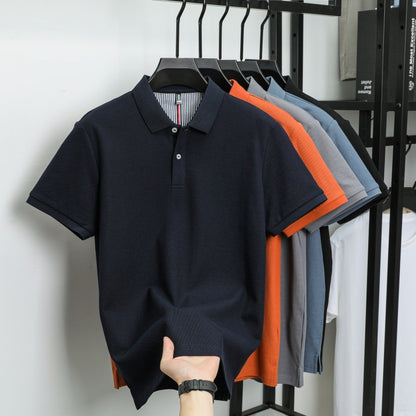 100% pure cotton short sleeved men's polo shirt summer boutique fashion high-quality top solid color collar back striped T-shirt