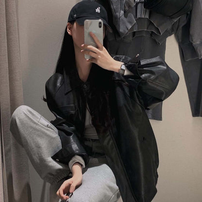 Sli Loose PU Leather Jaet Women's Chic Retro Collar Versatile BF Sle Motorcycle Clothes Trendy Long Sve Zipper