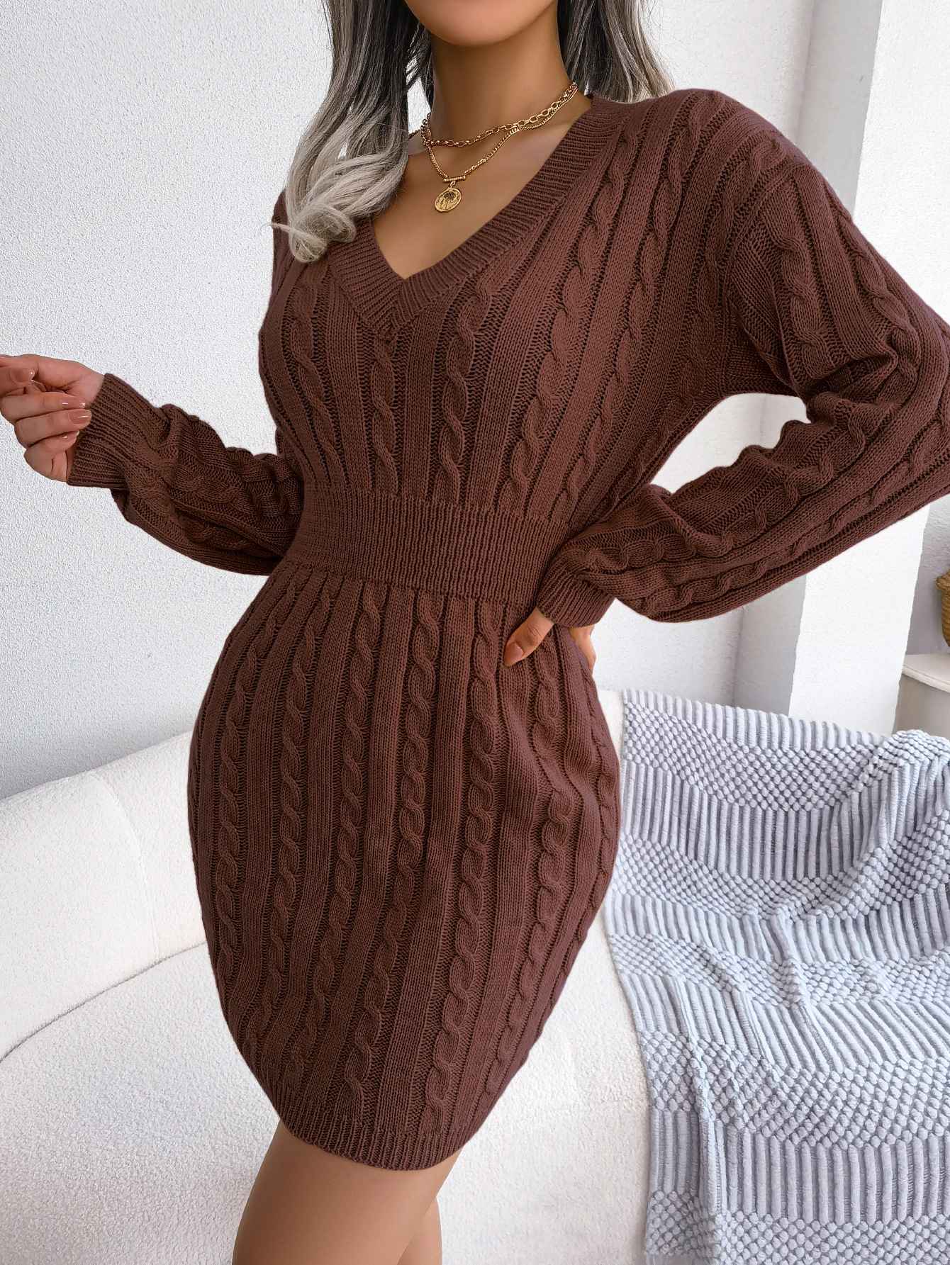 VigoCasey 2025 V Neck Casual Short Knit Dress Autumn Winter Women Solid Long Sleeve Dress Lady Khaki Bodycon Knitted Dresses