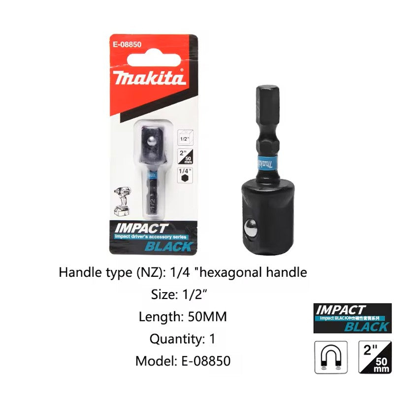 Adaptador de Soquete Makita E-08850 Impact Black 1/2" X 50MM Haste Hexagonal de 1/4" Acessórios para Ferramentas de Impacto de Alto Torque