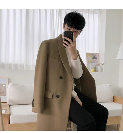 Mauroicardi Autumn Winter Long Warm Camel Black Woolen Coat Men Double Breasted Korean Style Wool Blends Overcoat with Back Slit