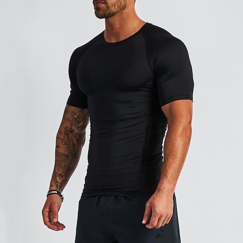 Men's Compression Short Sleeve T-shirt Fitness Running Basketball Gym Sportswear Seamless Close-fitting Black Sports Tight Tops