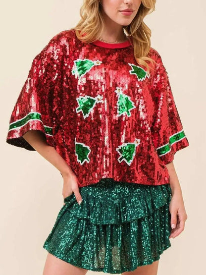 CHIC European American Festival Xmas Tree Bow Women Sequined T-shirt Short Top Casual Jersey Girls Short Sleeves Tee Christmas