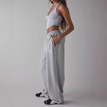 Pantalones Casuales New Pink Embroidered Casual Pants For Women Loose And Comfortable Straight Elastic Waist Trousers 2025 New