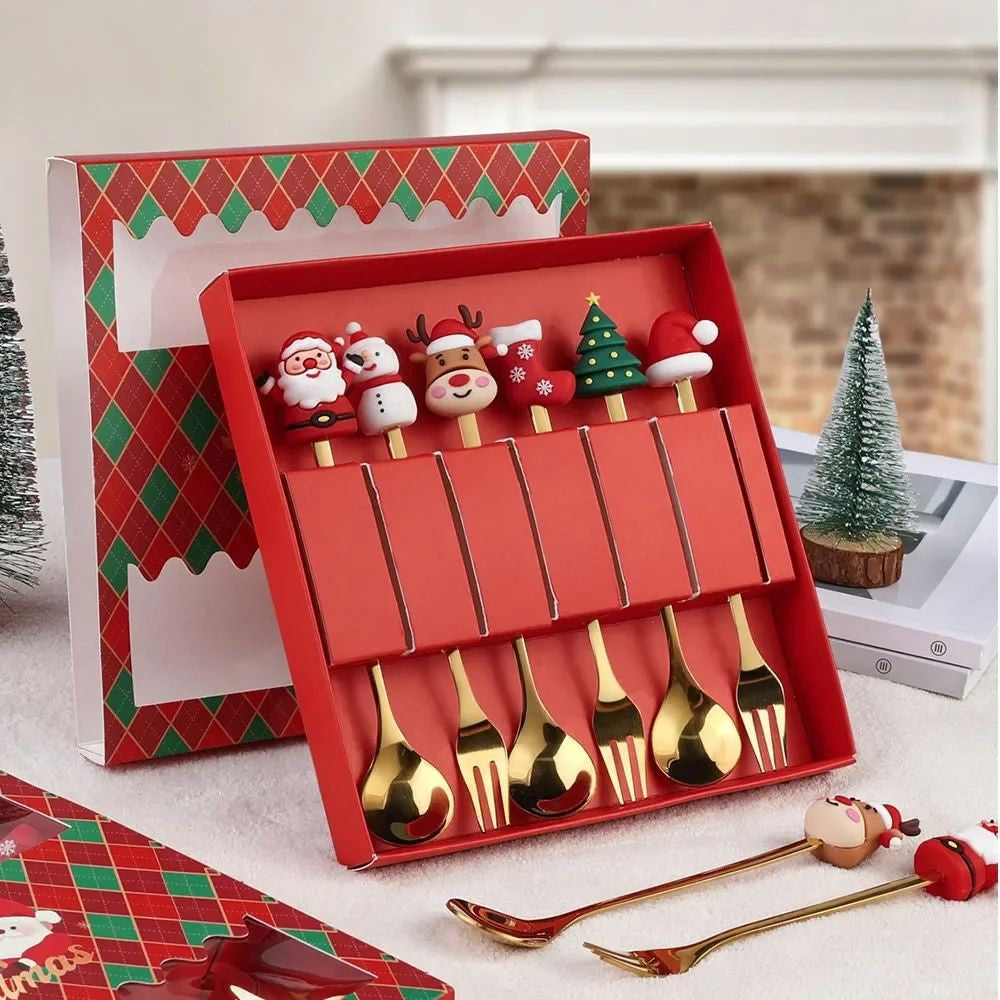 Conjunto de Talheres com Tema Natalino Aço Inoxidável Faca Garfo Colher com Desenho Animado Criativo Conjunto de 2/4/6 Peças Presente de Fim de Ano Decoração de Talheres