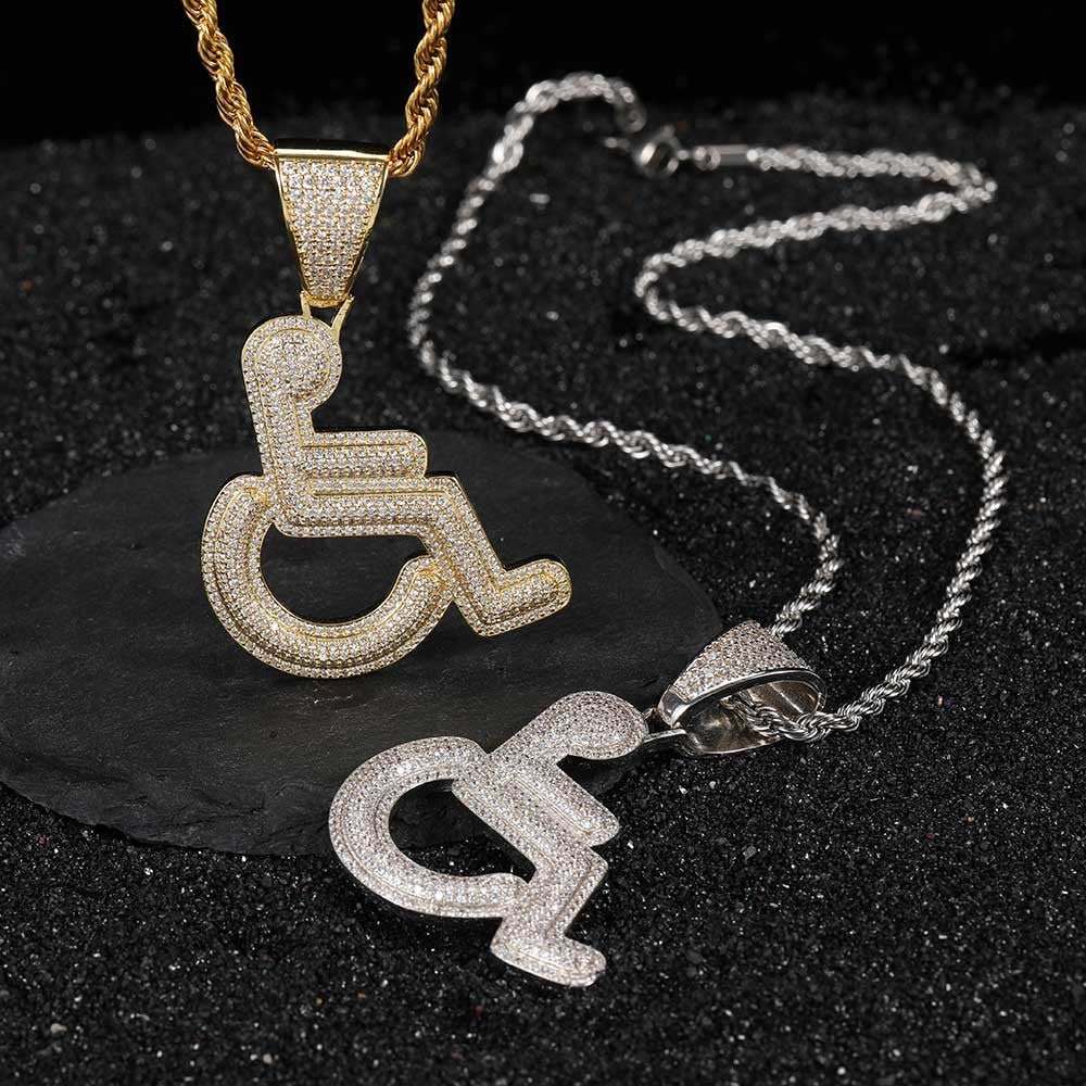 Iced out Copper Zircon Charm Pendant Men Women Hip Hop Jewelry Wheelchair Logo Personality Pendant Necklace Bling