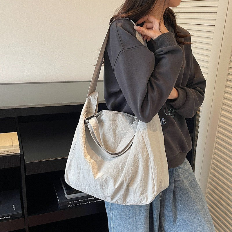 Lazy Style Nylon Crossbody Shoulder Bag Women Casual Large Capacity Bucket Tote Bag Lightweight Japan Style Simple Handbag
