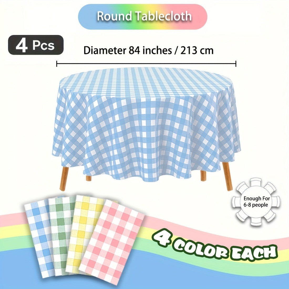 1/4pcs 213cm/83.86in Disposable Tablecloth Reusable Round Tablecloth Wrinkle-Free Waterproof Gingham Tablecloth Family Gathering