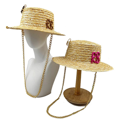 2023 Summer sun hat Lafite grass French straw hat Women's chain decorated straw hat Holiday Sun hat Punk style  beach