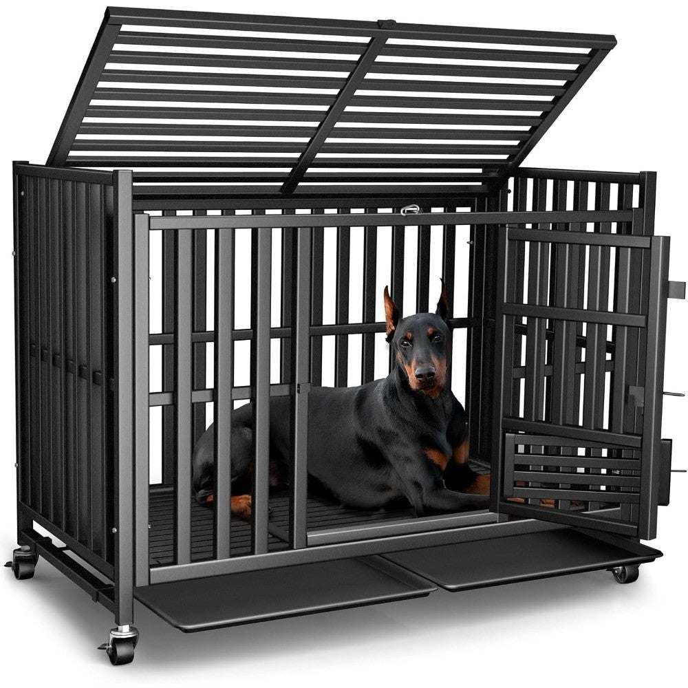 Heavy Duty Dog Crate, Escape-Proof Indestructible Cage for High-Anxiety Dogs, 3-Door Kennel with 4 Lockable Wheels