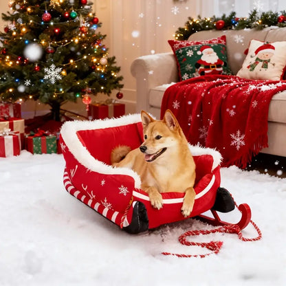 Cama Trenó de Natal Sofá Quente para Animais de Estimação de Pelúcia Removível e Lavável com Base Antiderrapante Ninho de Gato e Cachorro de Natal para Inverno Interno e Externo