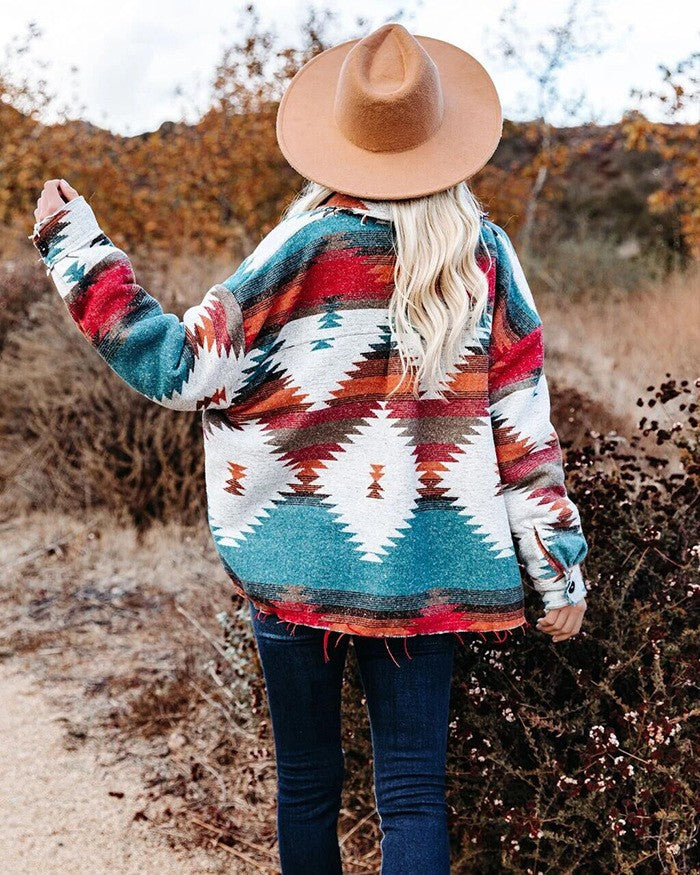 Vintage Jacket Women Splicing Loose Jacket Denim Print Aztec Retro Ethnic Style Long Sleeved Shirt Streetwear Female Goth Coat